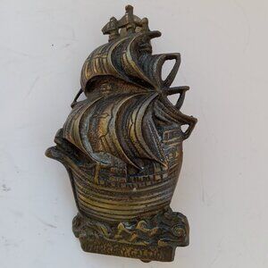VTG Heavy Brass Cast Door Knocker Nautical Brass Gallion Ship Boat 6.5"X 3.5"
